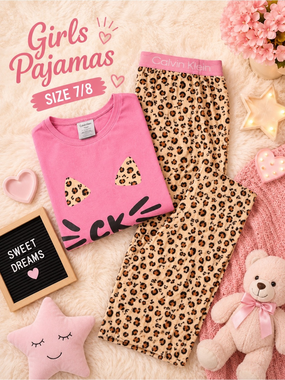 Calvin Klein Girls Pink Top with Leopard-Print Pajama Pants